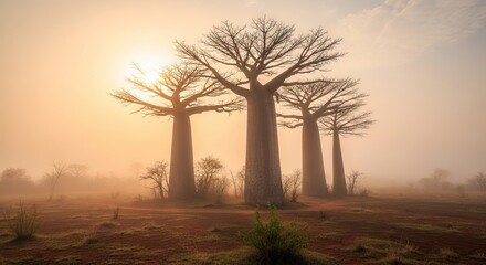 Fototapeta premium Majestic baobab trees standing tall during a misty sunrise in nature