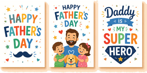 Fototapeta premium Happy father's day illustration set with family and dog portraits