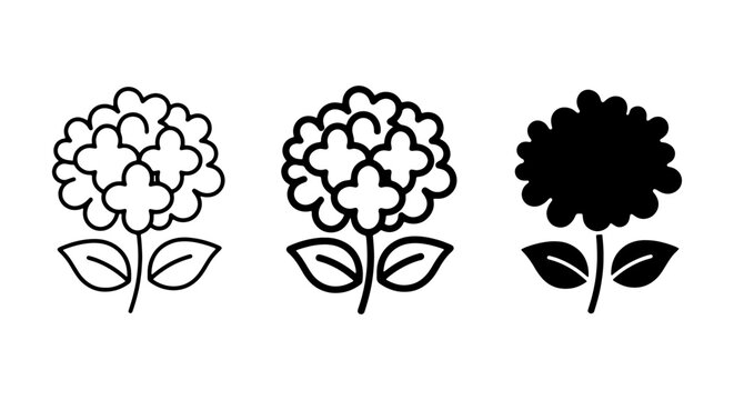 Hydrangea Flower Icons: Outline, Filled, Silhouette Vector Set for Floral Design