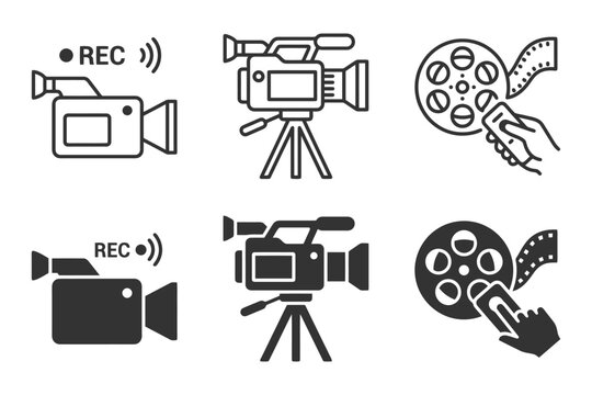 Camera icons set: video record, tripod, film reel designs.