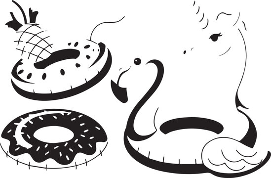Black and white illustration of inflatable pool floats in the shape of a swan and donuts