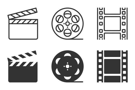 Cinema icons: clapperboard, film reel, and filmstrip symbols in black and white.