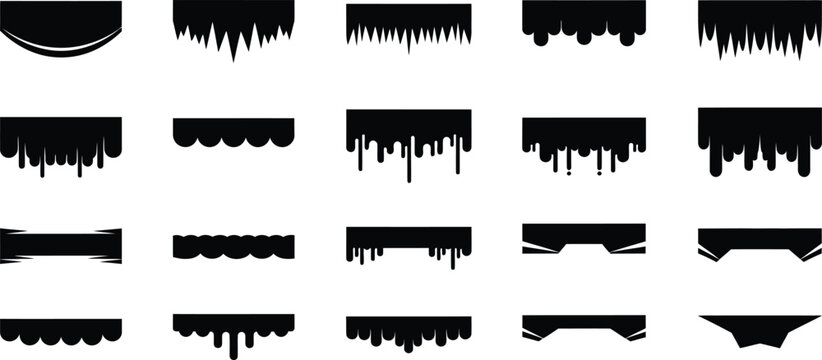 Vector decorative border silhouettes set, sixteen unique edge designs for frames and trims, dripping, scalloped, torn, geometric