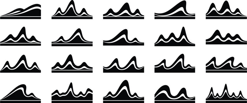 Abstract black and white mountain waveform grid, twenty stylized terrain profiles, seamless pattern variations for modern data visualization