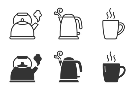 Minimalist icons of kettles and mugs with steam.
