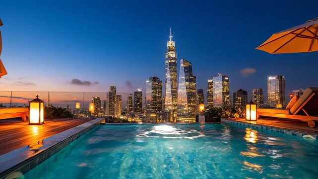 Luxury rooftop infinity pool at twilight overlooking illuminated cityscape skyscrapers and city skyline with lounge chairs and umbrellas