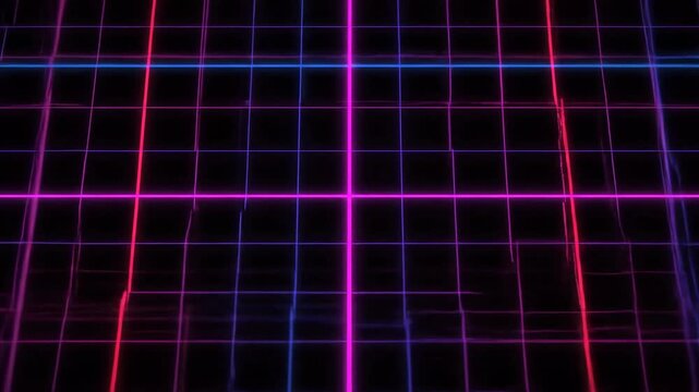 A neon-lit grid of intersecting lines in vibrant shades of blue, red, and purple