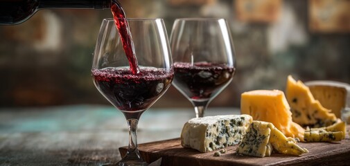 Fototapeta premium The Wine Glasses and Artisanal Cheese Platter on a Rustic Wooden Table