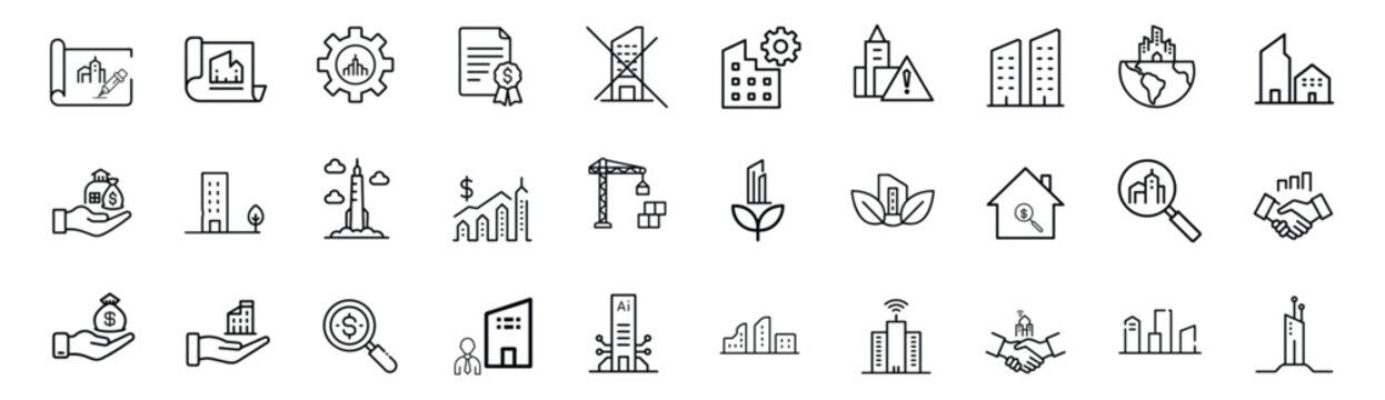 Urban architecture financial development web line icons set draft blueprint layout concept high rise skyscraper crane & more vector illustration with editable stroke
