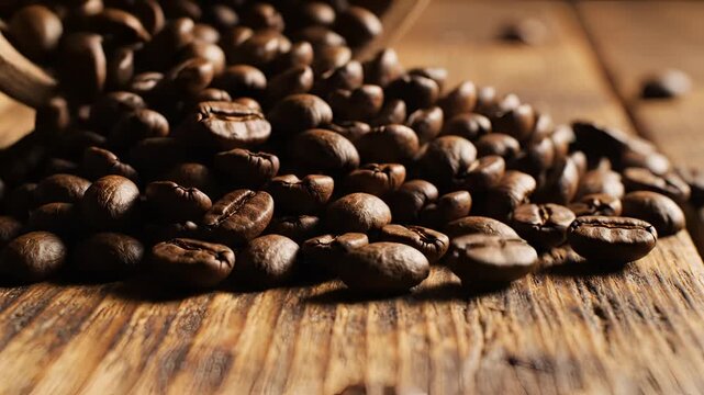 Closeup of Roasted Coffee Beans Scattered on a Rustic Wooden Surface.