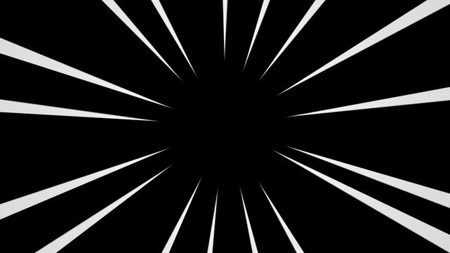 White anime speed lines seamless motion, Seamless loop of radial speed lines for focus action, Moving zoom comic speed line, Radial burst lines seamless looping footage, black screen background. 4k