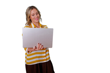 Fototapeta premium Smiling businesswoman holding laptop, demonstrating or presenting content, happy with technology and success, transparent background
