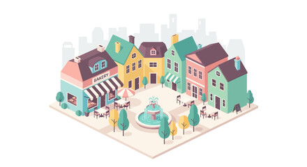 Fototapeta premium Charming Isometric Town Square with Colorful Buildings and Fountain.