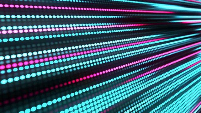 LED display. Rows of glowing dots rush forward, forming a fiery stream of light and speed. Technological background. 3D render.