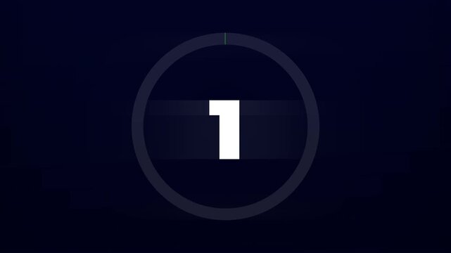 Modern digital countdown timer from five to one with neon green circular progress bar and glitch effects ending with a white go text on a dark background for video intros