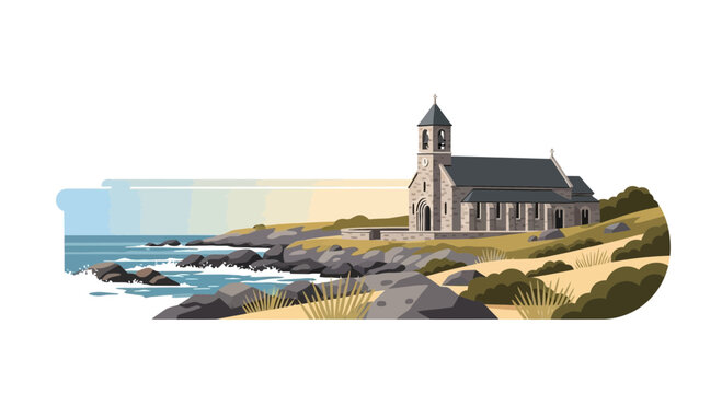Elegant Church Building on a Rocky Coastal Landscape.