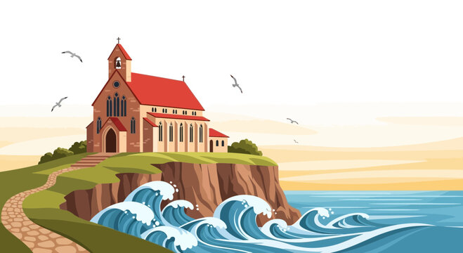 Historic Church Perched on a Cliff Overlooking the Sea.