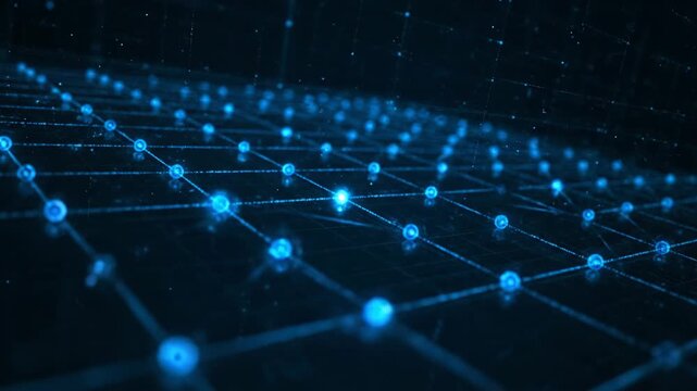 A network of connected glowing orbs, forming an interconnected grid in shades of blue