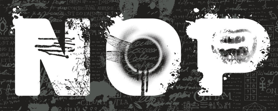 The letters N, O, and P. A vector grunge font for word images featuring human parts, eyes, and mouths, along with plant and animal elements. Alphabet on Themes: horror, witchcraft, and magic. 