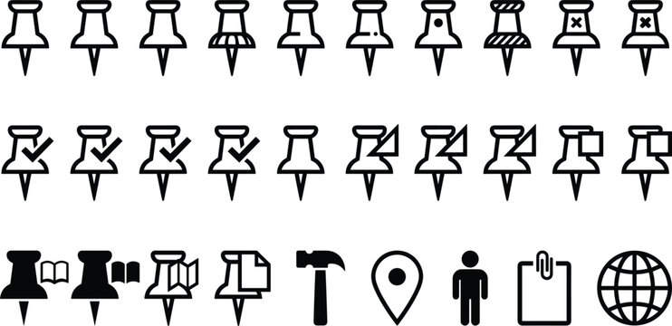 Hand Drawn Push Pins and Thumbtacks Vector Icon Set with Various Symbols for Maps, Office, Noteboards, Infographics, and Design Projects
