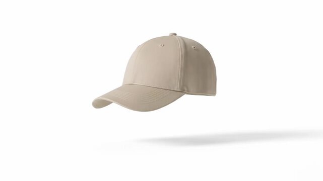 A neutral beige baseball cap, set against a stark white background