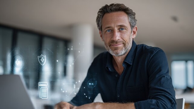 Man smiles warmly at camera, seated at laptop. Futuristic digital icons float beside him, suggesting tech integration. Office setting features large windows and modern lighting