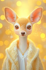 Fototapeta premium Cute deer with large ears and gentle eyes. It wears a cozy, cream-colored coat. The background glows with soft, golden bokeh lights. The deer appears calm and friendly. Perfect for themes like nature