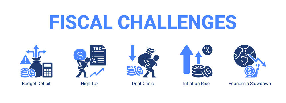 Fiscal Challenges web banner icon concept, with Budget Deficit, High Tax, Debt Crisis, Inflation Rise.