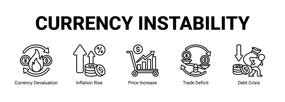 Currency Instability web banner icon concept, with Currency Devaluation, Inflation Rise, Price Increase, Trade Deficit.