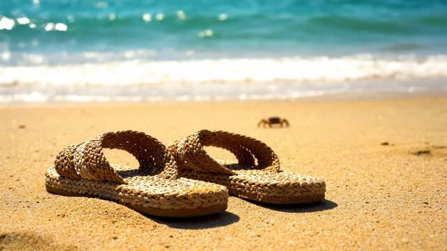 A pair of woven sandals rest on a sandy beach. The ocean is in the background