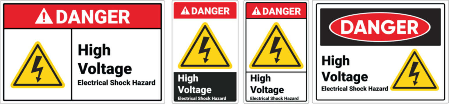 Collection of danger warning signs with high voltage and electrical shock hazard symbols