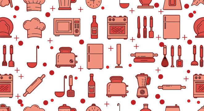 Kitchen appliances and cooking utensils are patterned across the surface in a thematic red color.