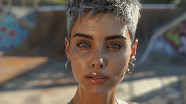 Short-cropped grey hair frames her face. Eyes meet the viewer with quiet intensity. Sunlight glints off her skin, casting soft shadows. Earrings gleam subtly against her earlobe