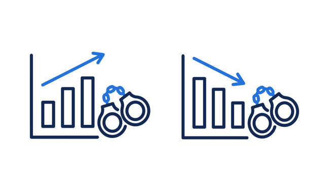 Two contrasting bar graphs with arrows and handcuffs symbolize the increase and decrease in crime statistics.