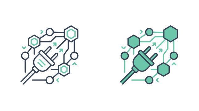 Digital illustration of web3 api integration icons featuring electrical plugs connected to abstract network nodes