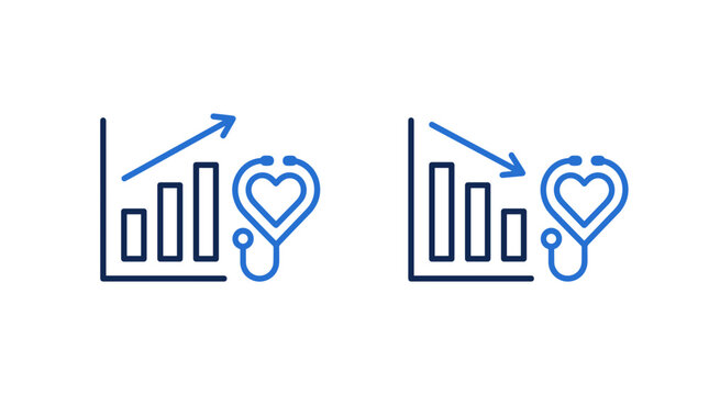 Iconographic representation of positive and negative trends in healthcare, using bar charts and a stethoscope.