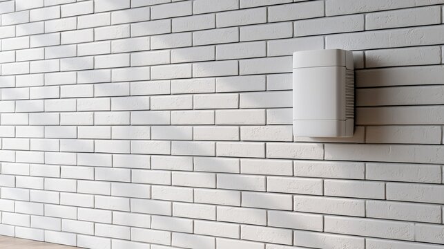 Signal booster on white brick wall, room for writing.