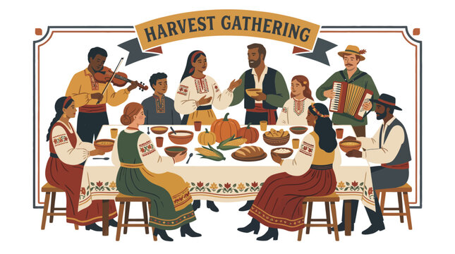 Diverse group of people in traditional folk clothing enjoying a festive harvest meal together indoors