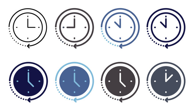 A collection of simple, modern clock icons featuring circular arrows, representing time and rotation.