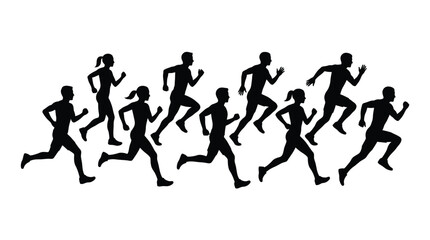 Obraz premium A group of active people running together in a fast motion in this black silhouette photograph