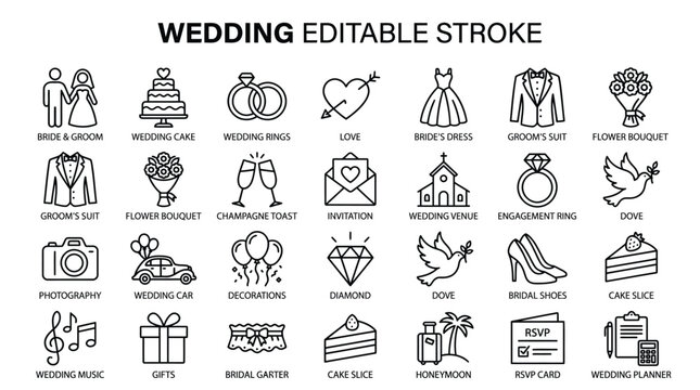 A set of black and white wedding icons featuring various romantic symbols for marriage events