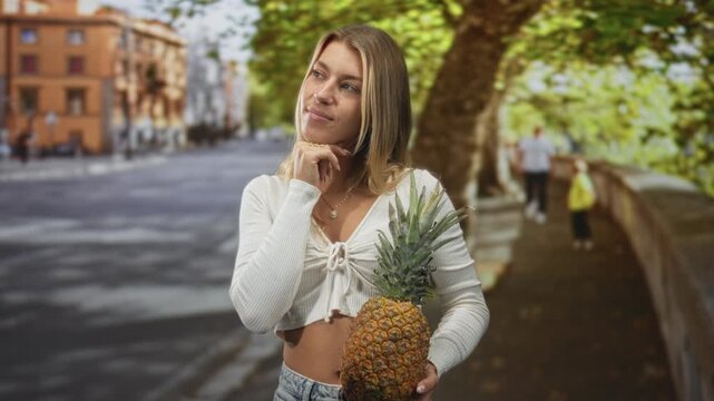 Young woman holding a pineapple with hand on chin gesture and exposed midriff on a tree lined street beside a stone balustrade; contemplative curiosity.