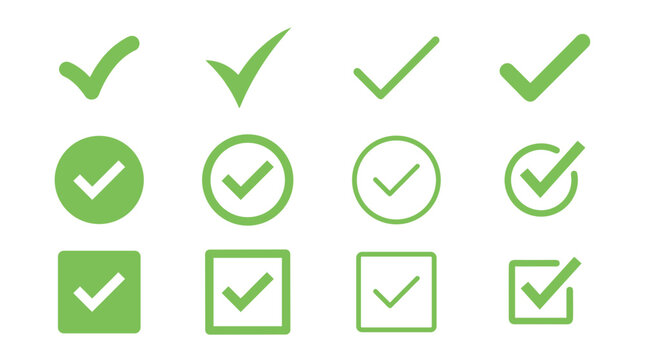 Collection of various green checkmark icons in different styles, including simple marks, circles, and squares, on a white background.