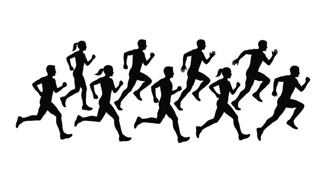 A group of active people running together in a fast motion in this black silhouette photograph