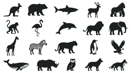 Obraz premium Black silhouettes of various wild animals arranged in a grid pattern in this clean digital photograph