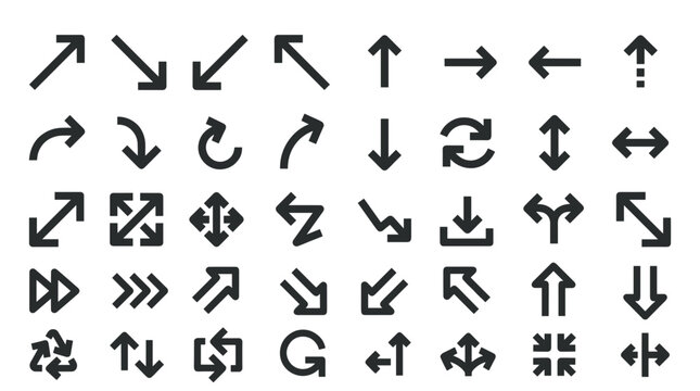 A comprehensive set of simple, modern arrow icons in dark grey on a white background, covering various directions and functions.