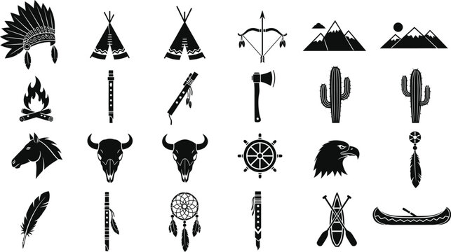 Native American cultural icons represent traditional elements including headdresses, tipis, and totems.