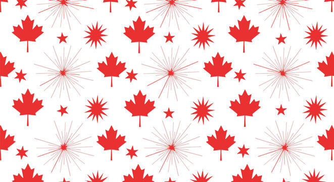 Canada day vector pattern red maple leaves stars fireworks seamless design
