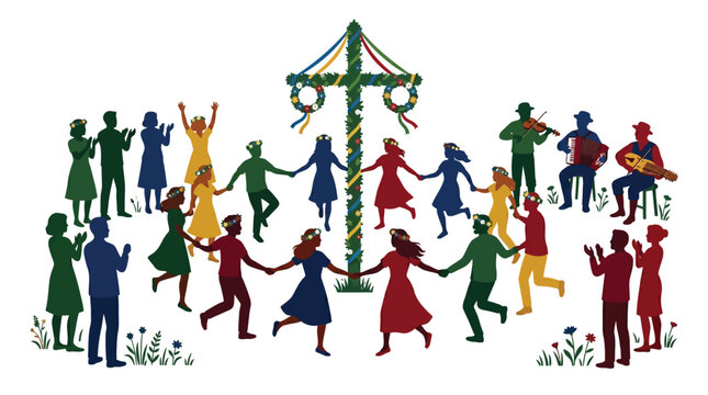 People dancing around a colorful maypole in a traditional festive celebration during the spring season
