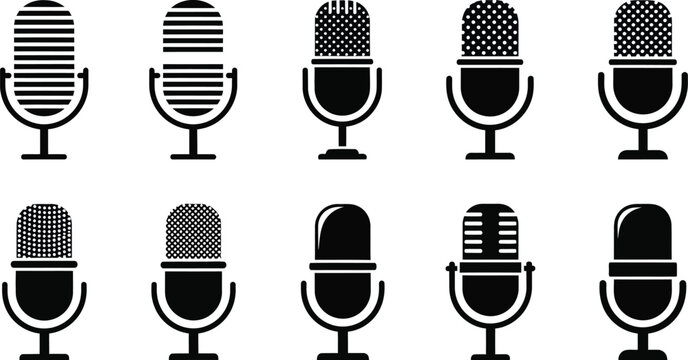 Microphones displayed in a collection of different styles show various recording equipment designs.